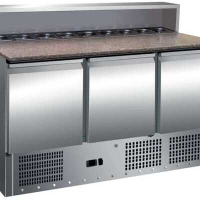 Mesa de preparação de saladas de 3 portas com tampo de trabalho em granito GN1/1