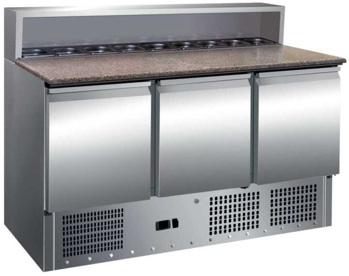 Mesa de preparação de saladas de 3 portas com tampo de trabalho em granito GN1/1 - Hotelequip.pt Mesa de preparação de saladas de 3 portas com tampo de trabalho em granito GN1/1