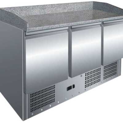 Mesa de preparação de pizzas de 3 portas com tampo de trabalho em granito  GN1/1