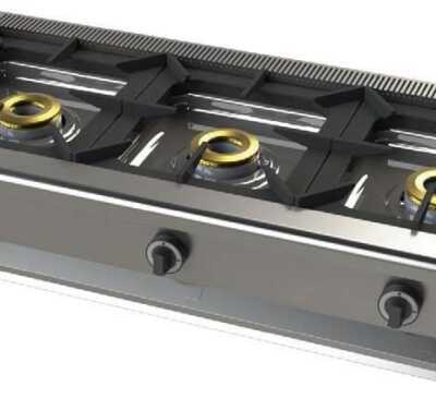 Fogão de mesa a gás com 3 queimadores 8+8+8+8 Kw SerIe 550  com dimensões 1200x550x240h mm