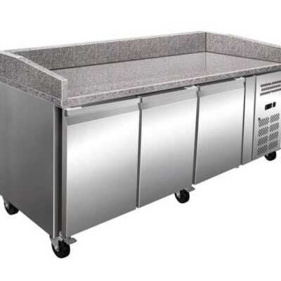 Mesa de preparação de pizzas de 3 portas com tampo de trabalho em granito